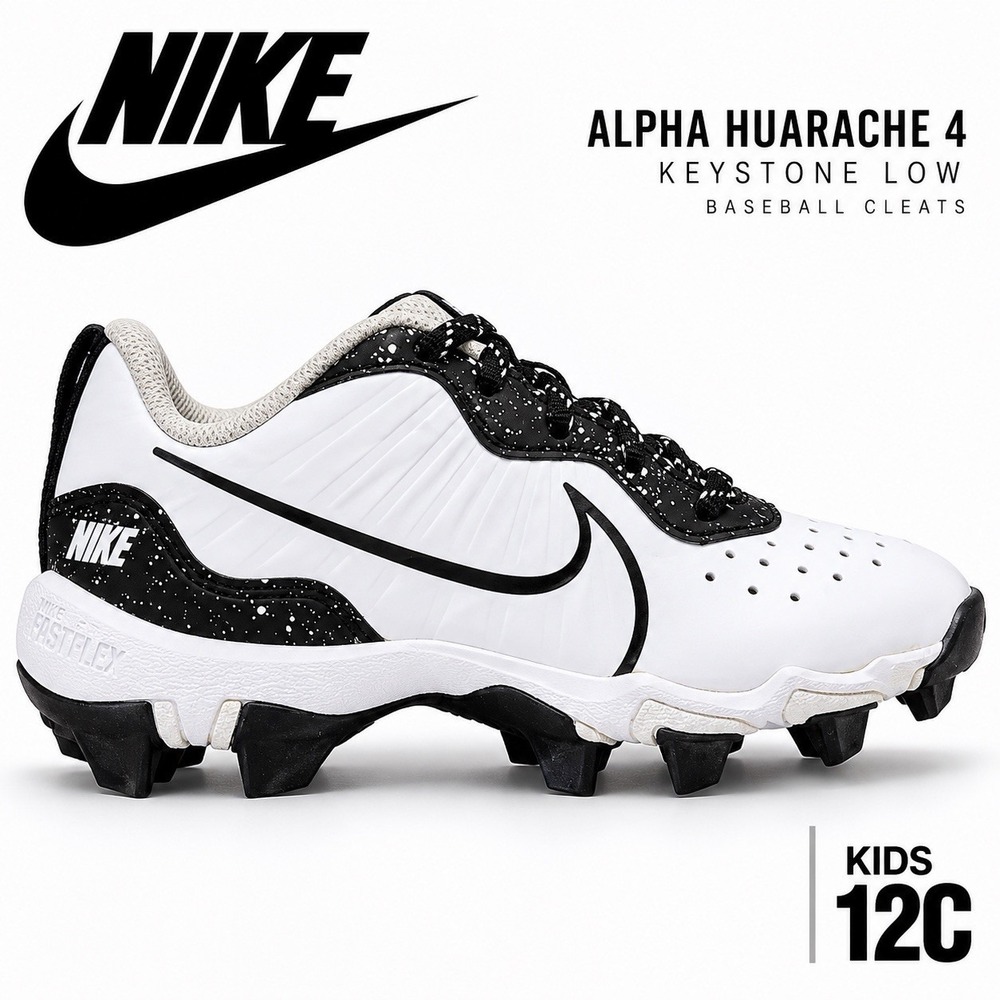 Nike Alpha Huarache 4 Keystone Low Kids Baseball Cleats White Black Size 12C